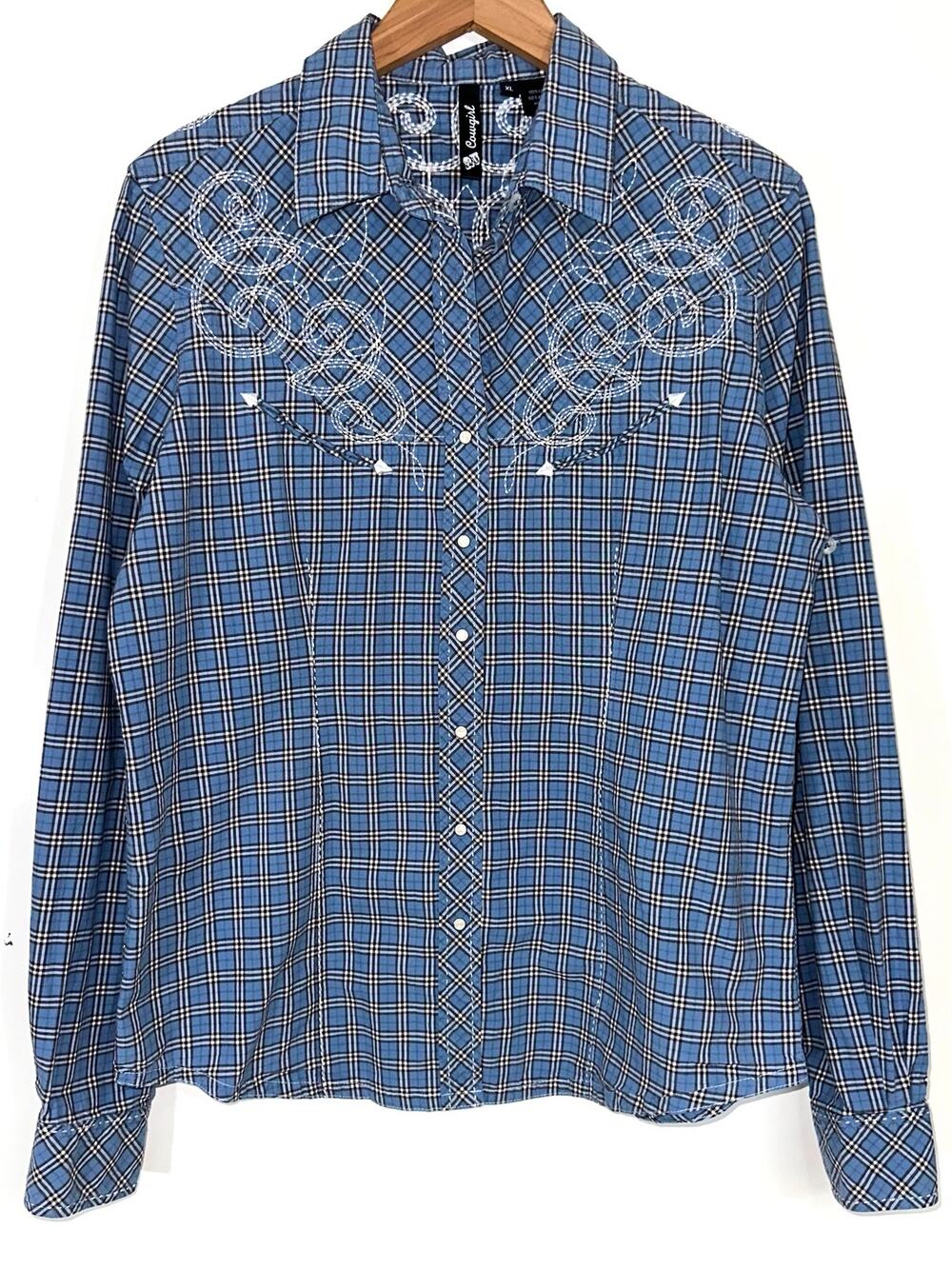 RU Cowgirl Western Wear Blue Plaid Pearl Snap Cotton Embroidered Shirt Size XL